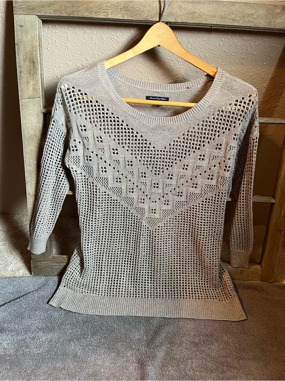 American Eagle Outfitters Taupe Open-Knit Scoop Neck Sweater